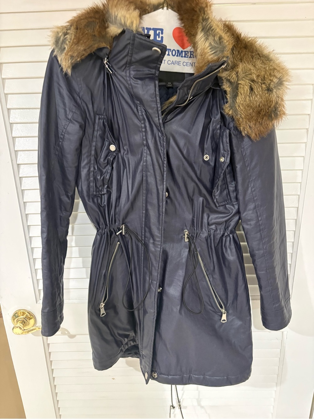 Andrew Marc Women's Navy Parka Coat with Faux Fur Trim